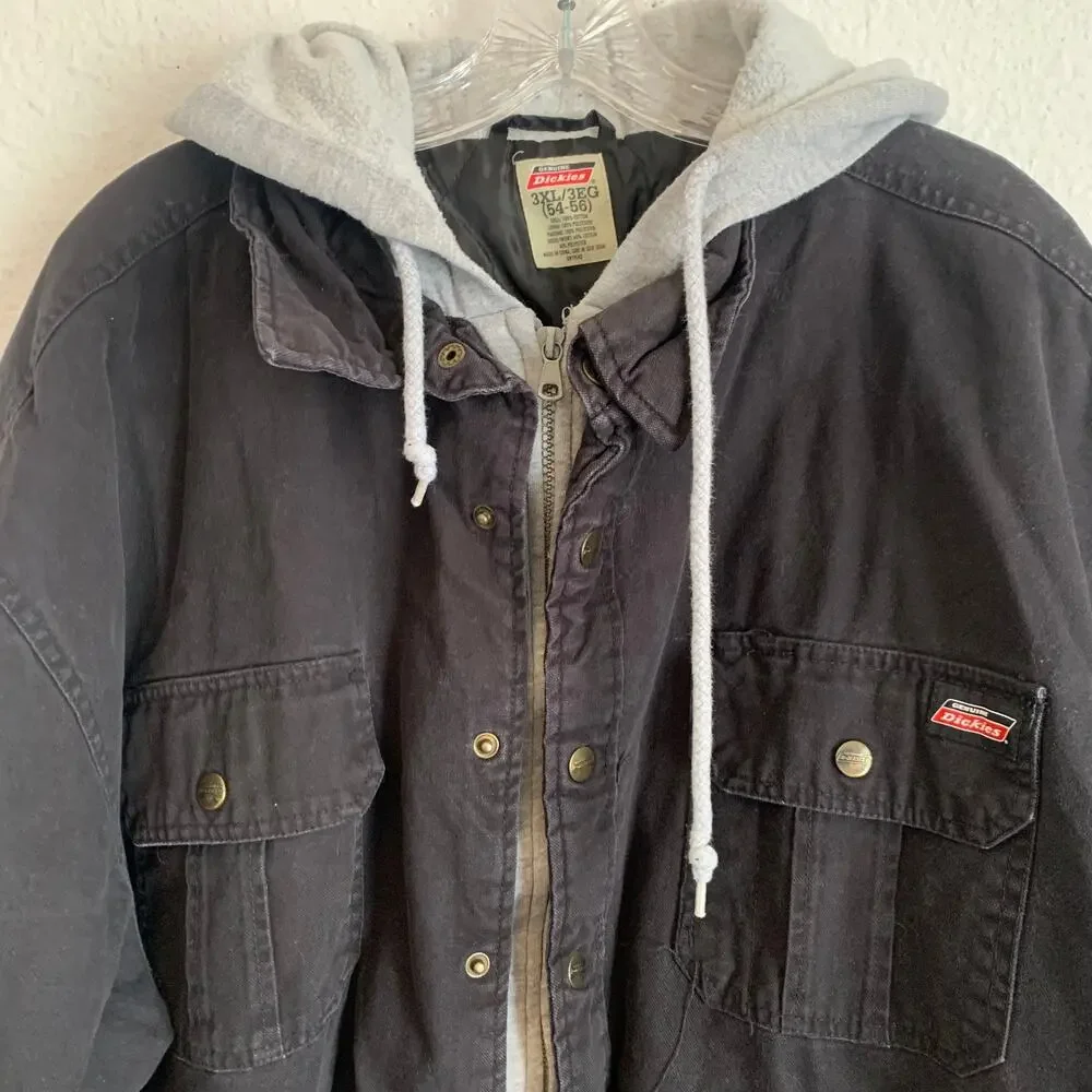 Dickies Mens 3XL Black Hooded Denim Work Jacket Sweatshirt Lined Full Zip Coat